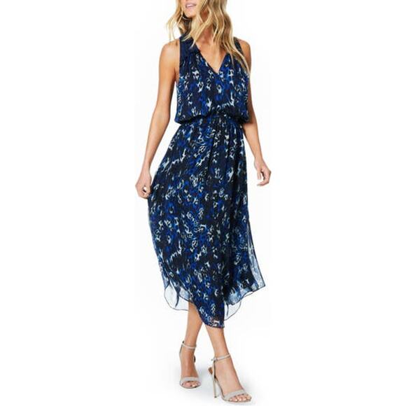 NWT RAMY BROOK Women's 100% Silk Moe Midi Dress Animal Print Blue XS Cottagecore - Picture 1 of 11